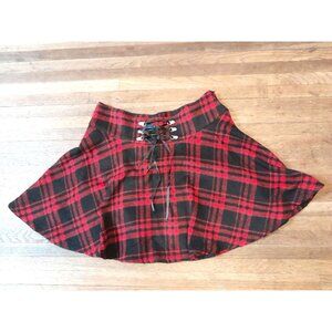 Womens Preppy Academia Flannel Plaid Lace Up Front Size Large Circle Skirt
